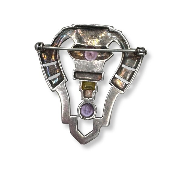 Art Deco Sterling Silver Brooch Pink Sapphire Citrine Amethyst Marcasite - Picture 3 of 11